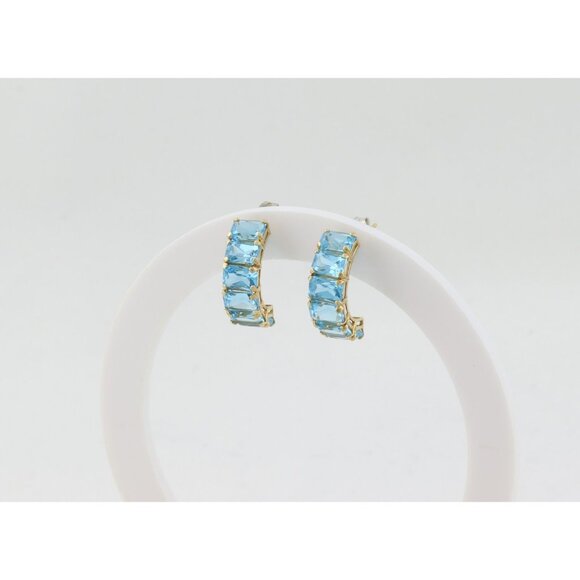 14k Yellow Gold Natural Swiss Blue Topaz Earrings Hoop Earrings 3/4" x 1/4" - Picture 6 of 8